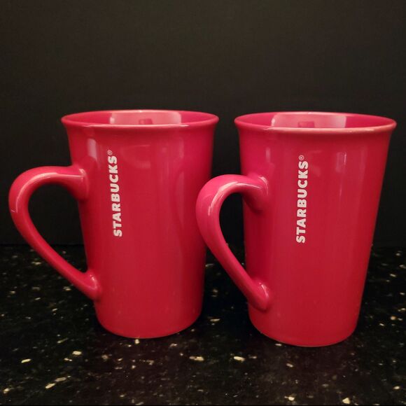 STARBUCKS Red Ceramic 11 oz Tall Mugs Christmas Valentines Discontinued Set 2 - Picture 3 of 10